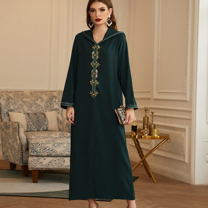 Dark Green Hand-stitched Rhinestone Hooded Femme Djellaba Abaya Dress Jalaba