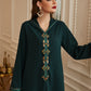 Dark Green Hand-stitched Rhinestone Hooded Femme Djellaba Abaya Dress Jalaba
