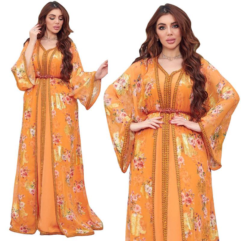 2 Pieces Set Muslim Women Chiffon Open Abaya Dress With Inner Dress
