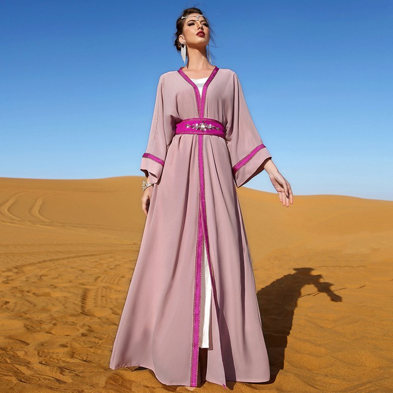 Hand-stitched Rhinestone Muslim Women Open Abaya Dress Middle East Dubai