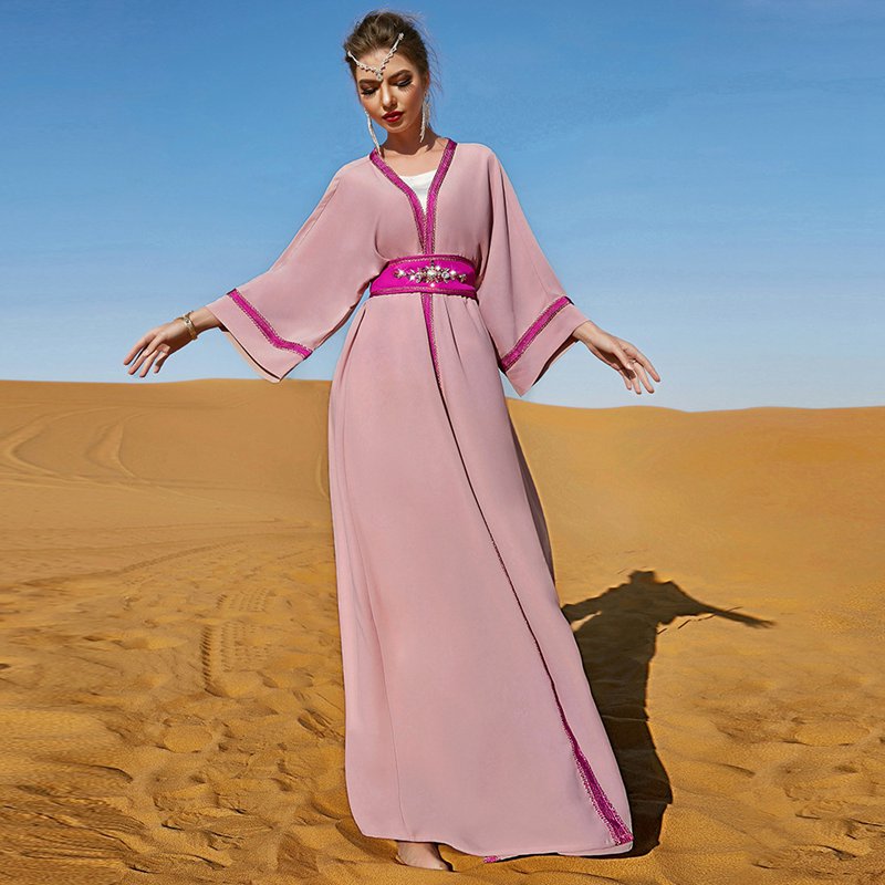 Hand-stitched Rhinestone Muslim Women Open Abaya Dress Middle East Dubai