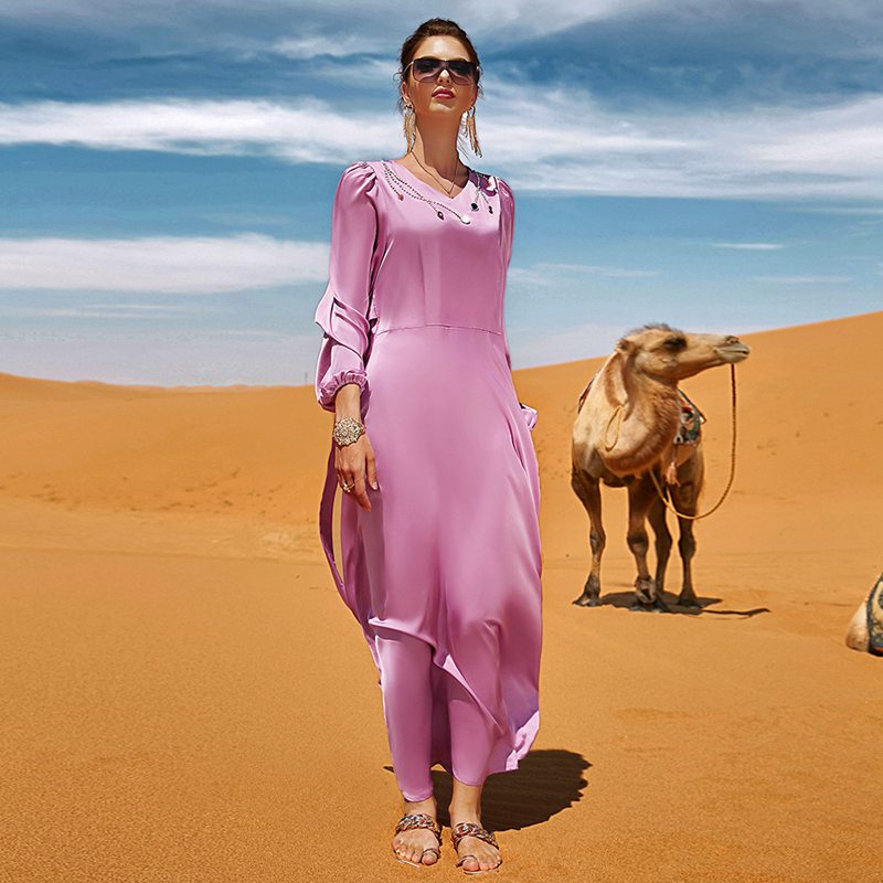Eid Dress Muslim Women Hand-stitched Rhinestones Satin Abaya Kaftan