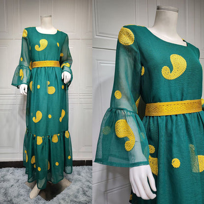 Middle East Eid Green Flare Sleeve Women Kaftan Dress
