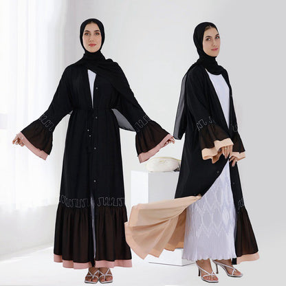 Muslim Women Lace Black Cardigan Open Abaya Dress