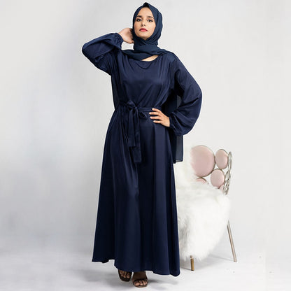 Middle East Turkish Dubai Muslim Women Satin Abaya Dress With Hijab Scarf