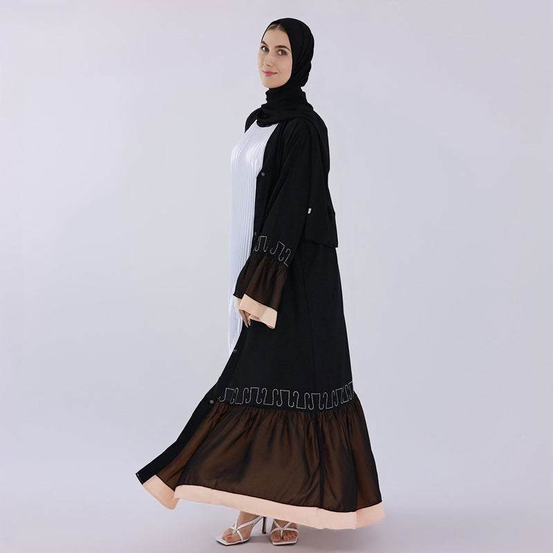 Muslim Women Lace Black Cardigan Open Abaya Dress
