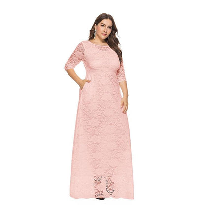 Elegant Plus Size Lace Women Maxi Wedding Formal Dress With Pocket For Mother Of The Groom/Bride