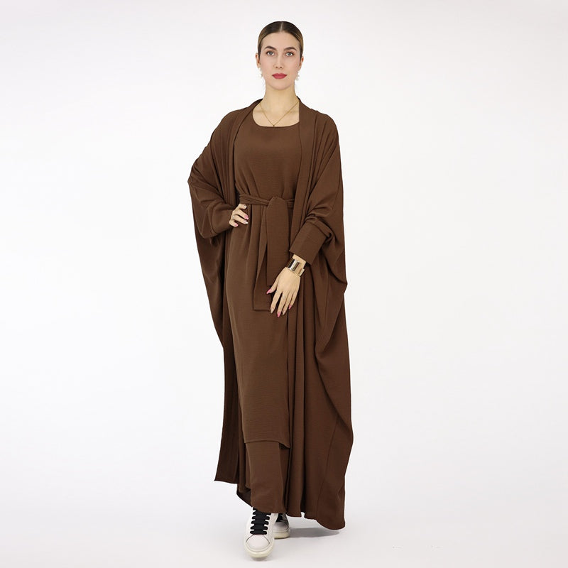 Heavy Wrinkle 2 Pieces Suit Set Muslim Women Open Abaya Dress Set, With Outer Abaya And Sleeveless Inner Dress