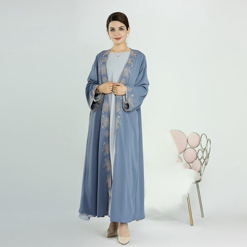 Eid Muslim Women Embroidery Open Abaya Dress