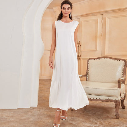 White Satin Sleeveless Abaya Inner Dress For Muslim Women