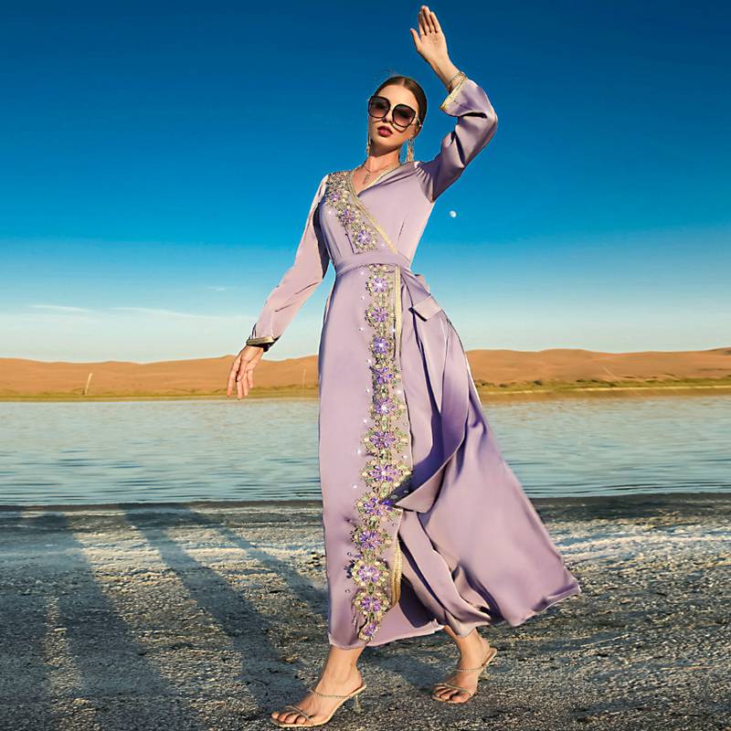 Dubai Hand-stitched Rhinestone Kaftan Long Dress For Women