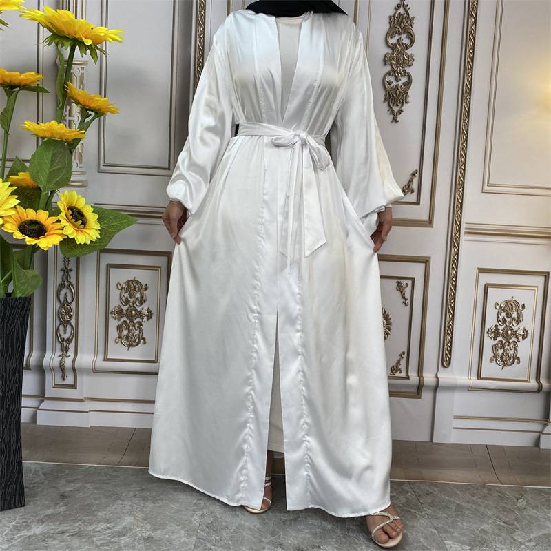 10 Color Options Puff Sleeve Satin Open Abaya Dress For Muslim Women