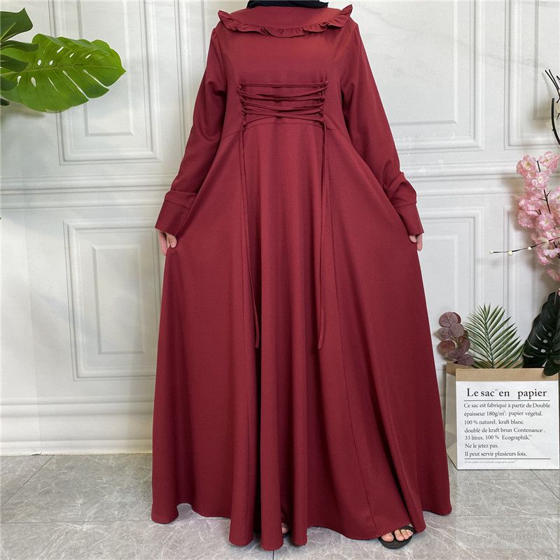 Muslim Women Solid Color Pleated Abaya Dress