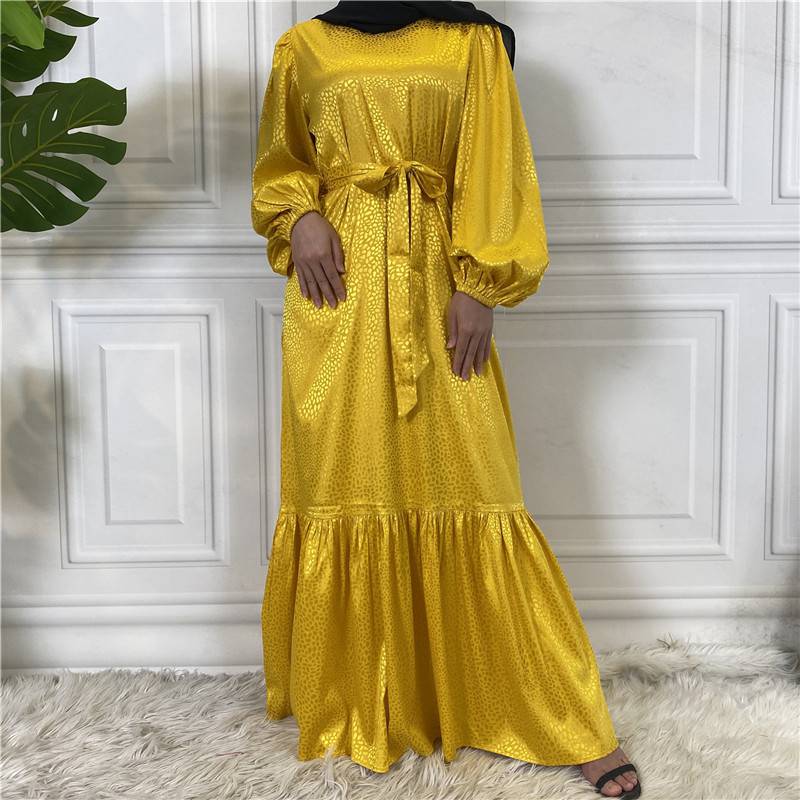 Muslim Women Fashion Satin Printed Abaya Dress With Pocket