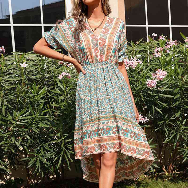 Summer Vintage Midi Dress Slim Printed Women Dress