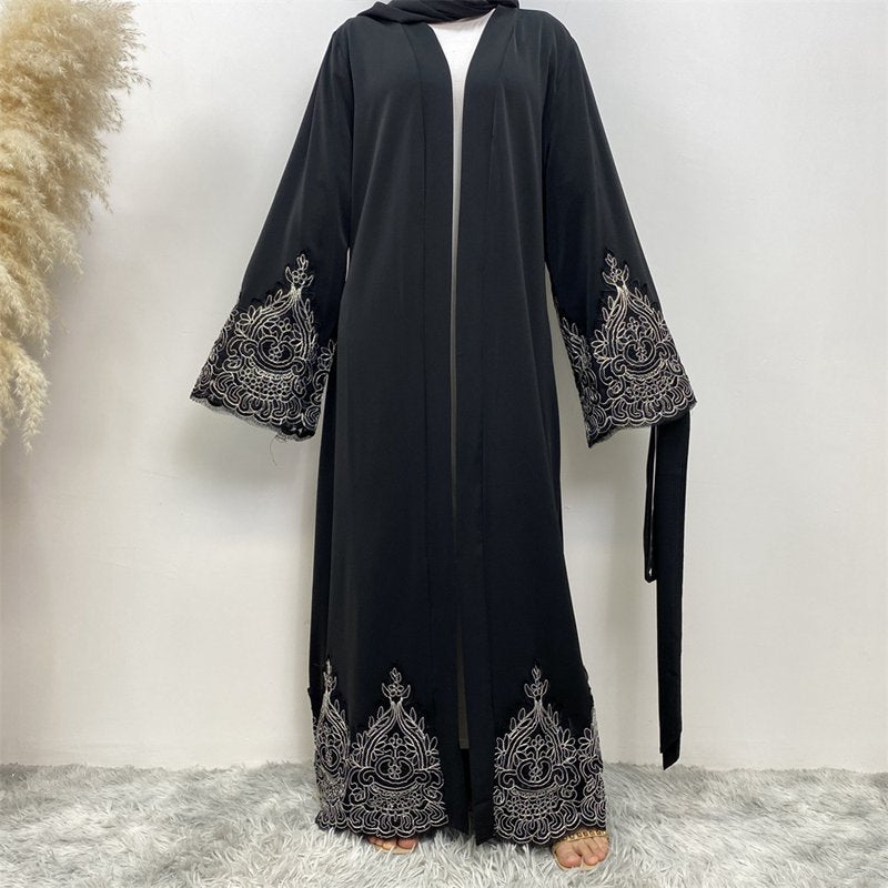 Muslim Women Lace Embroidery Nida Cardigan Open Abaya Dress