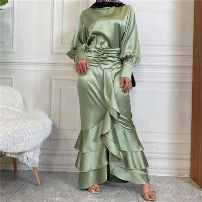 Muslim Women Satin Robe Dress 2 Pieces Set With Top And Skirt