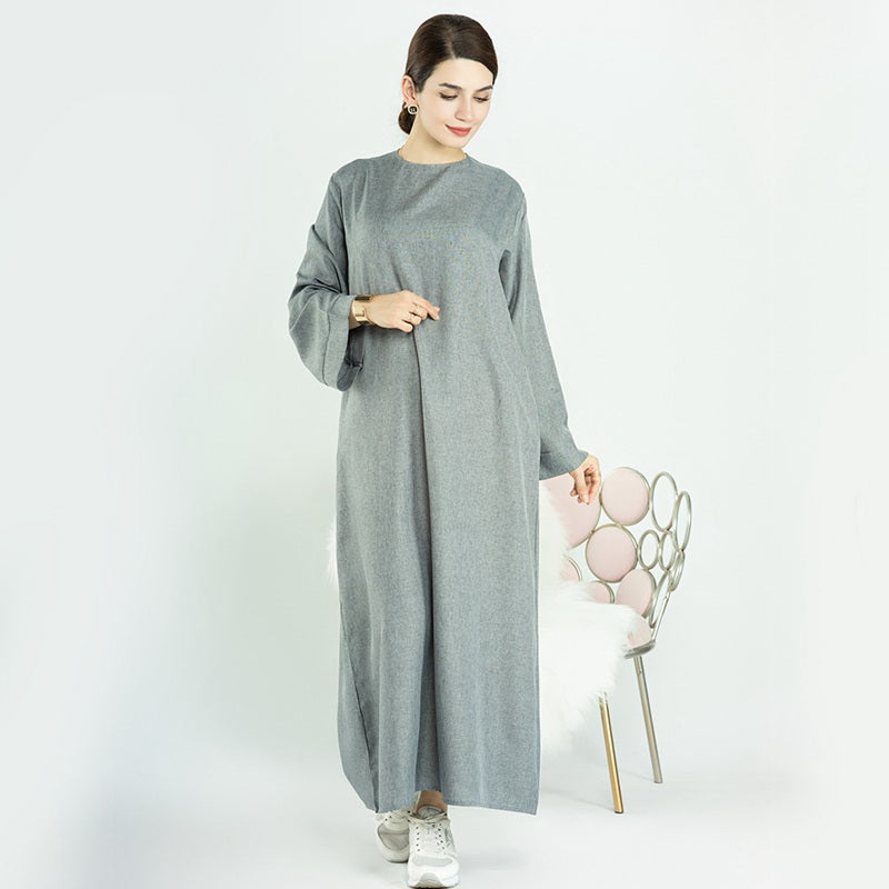Turkish Dubai Muslim Women Solid Color Cotton Blended Abaya Dress