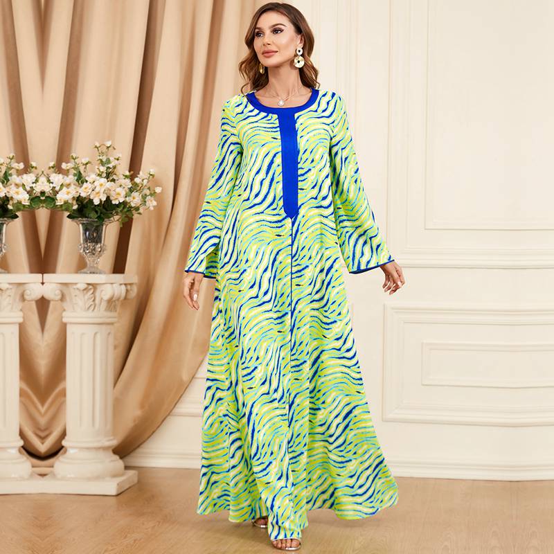 Eid Dress Muslim Women Stripe Pattern Printed Caftan Kaftan Dress