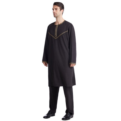 Middle East Muslim Men Suits Embroidered Thobe Set With Pant