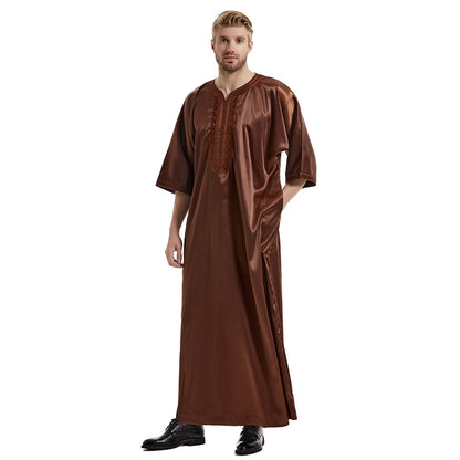 Muslim Arab Men Half Sleeve Embroidery Satin Thobe Thawb