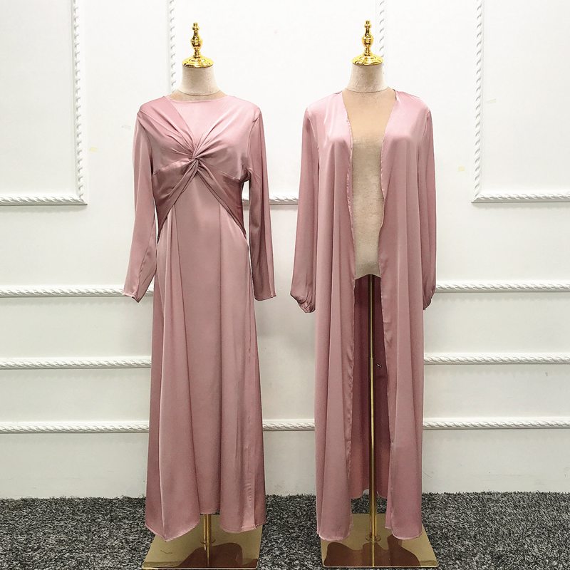 3 Pieces Set Satin Open Abaya Dress For Muslim Women