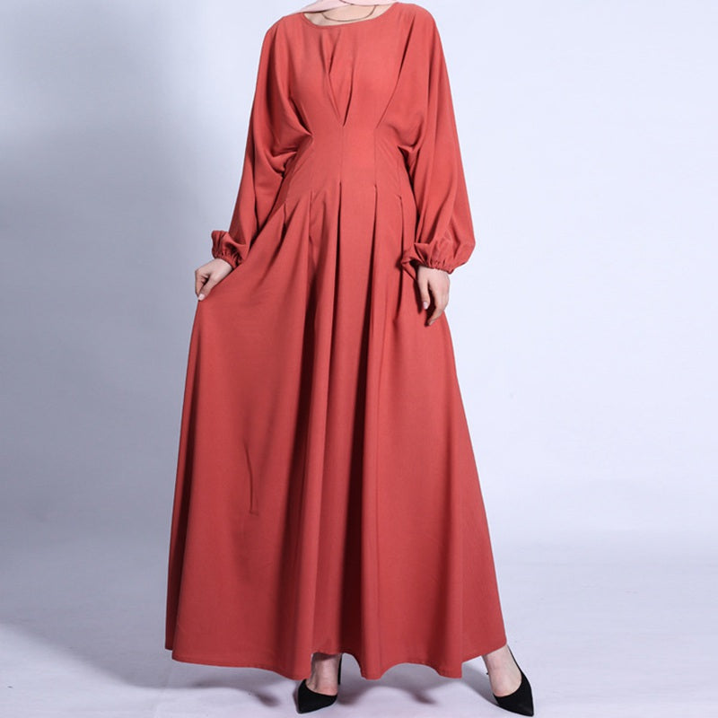 Muslim Women Puff Sleeve Solid Color Waist Abaya Dress