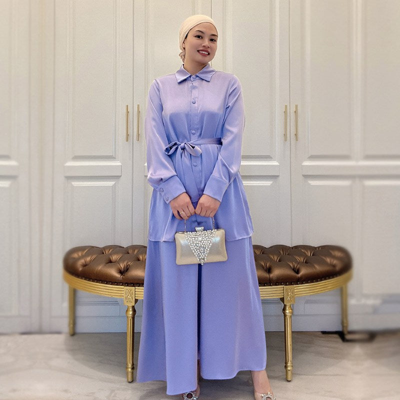 2 Pieces Set Muslim Women Satin Tops And Skirt Suit Set Clothing