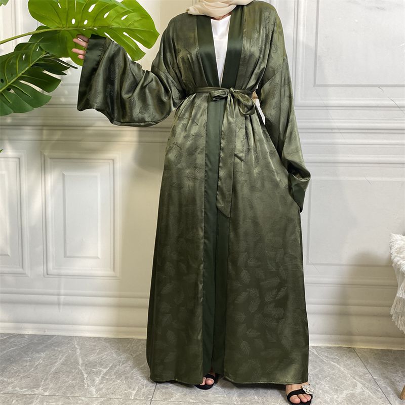 Muslim Women Fashion Printed Satin Open Cardigan Abaya Dress