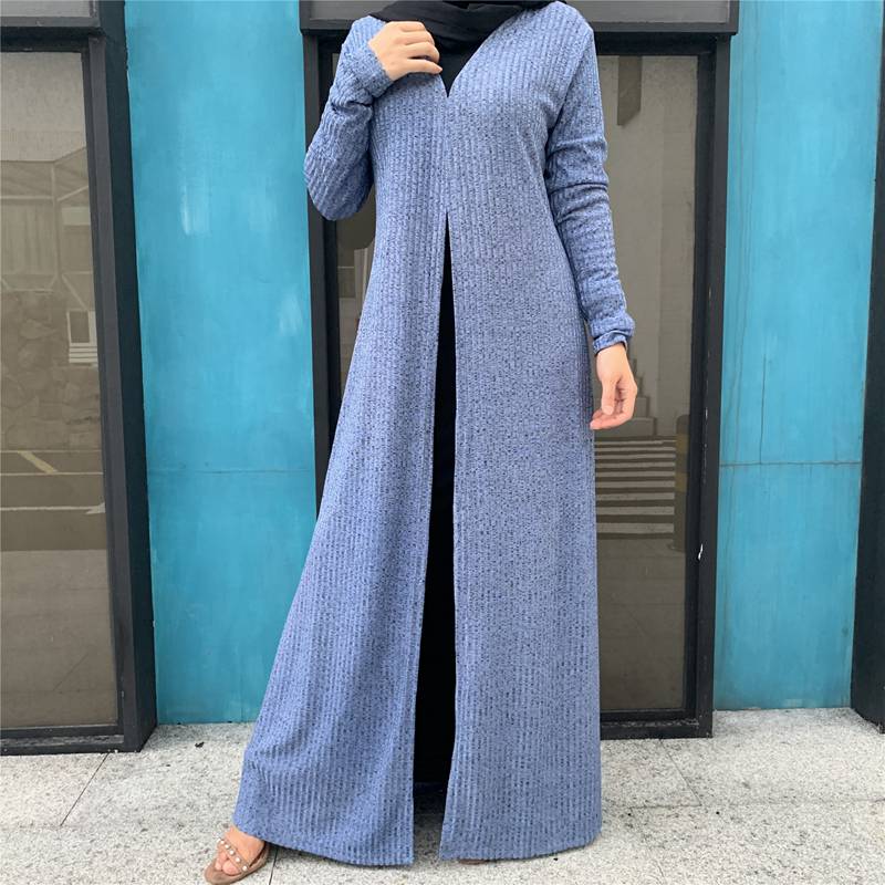 Muslim Women Winter Fall Knitting Open Cardigan Abaya Dress