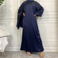 With Pocket And Hijab Scarf Muslim Women Solid Color Satin Abaya Dress