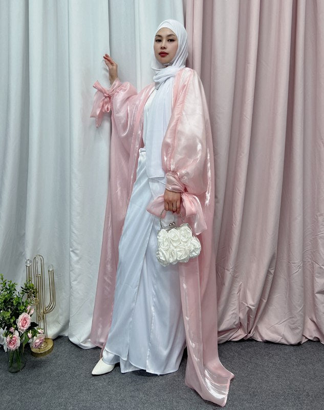 Puff Sleeve Satin Elegant Long Abaya Cardigan Open Dress Muslim Women