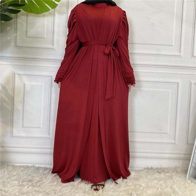 With Pocket Plain Solid Color Open Kimono Abaya Dress For Muslim Women