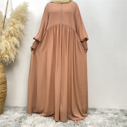 Muslim Women Chiffon Pleated Abaya Dress With Liner
