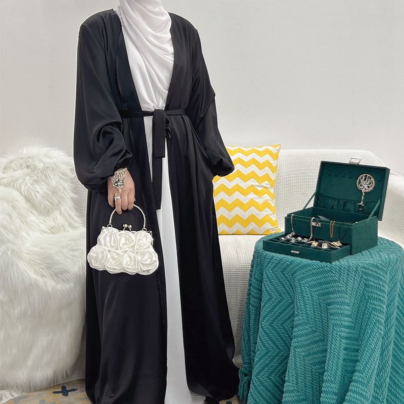 Elegant Puff Sleeve Satin Open Abaya Dress Muslim Women