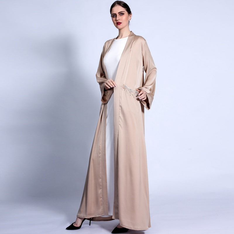 Muslim Women Matte Fabric Open Abaya Dress With Pocket