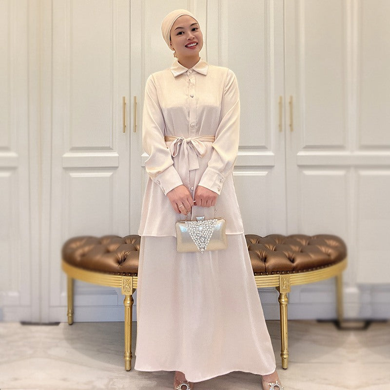 2 Pieces Set Muslim Women Satin Tops And Skirt Suit Set Clothing
