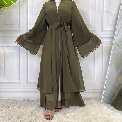 Arab Dubai Solid Color Chiffon Muslim Women Open Cardigan Abaya Dress