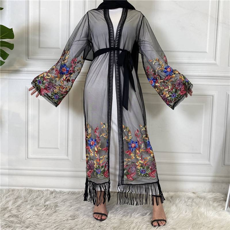 Muslim Women Embroidery Mesh Open Abaya Dress