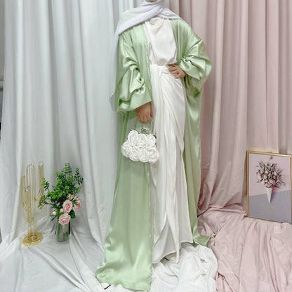 Puff Sleeve Satin Cardigan Open Abaya Dress Muslim Women