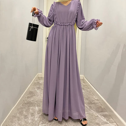 Agaric Laces Solid Color Chiffon Abaya Dress For Muslim Women