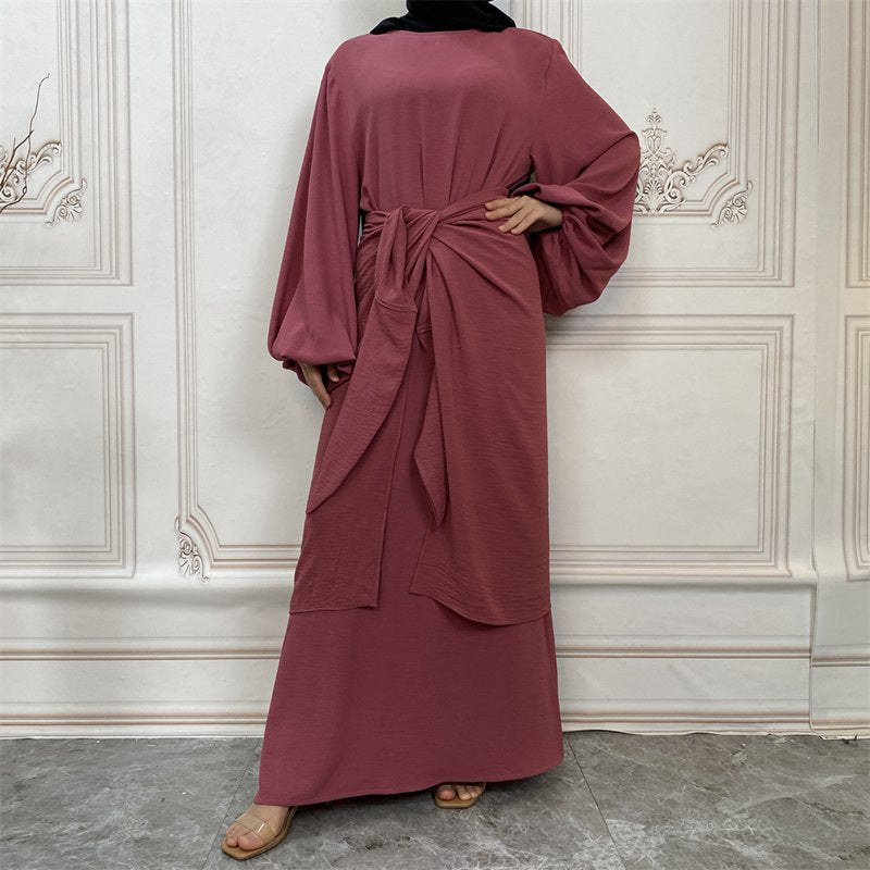 Solid Color Muslim Women Abaya Dress With Mid Wrap