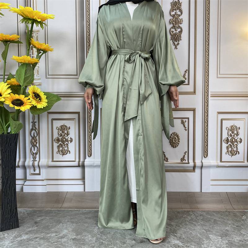 10 Color Options Puff Sleeve Satin Open Abaya Dress For Muslim Women