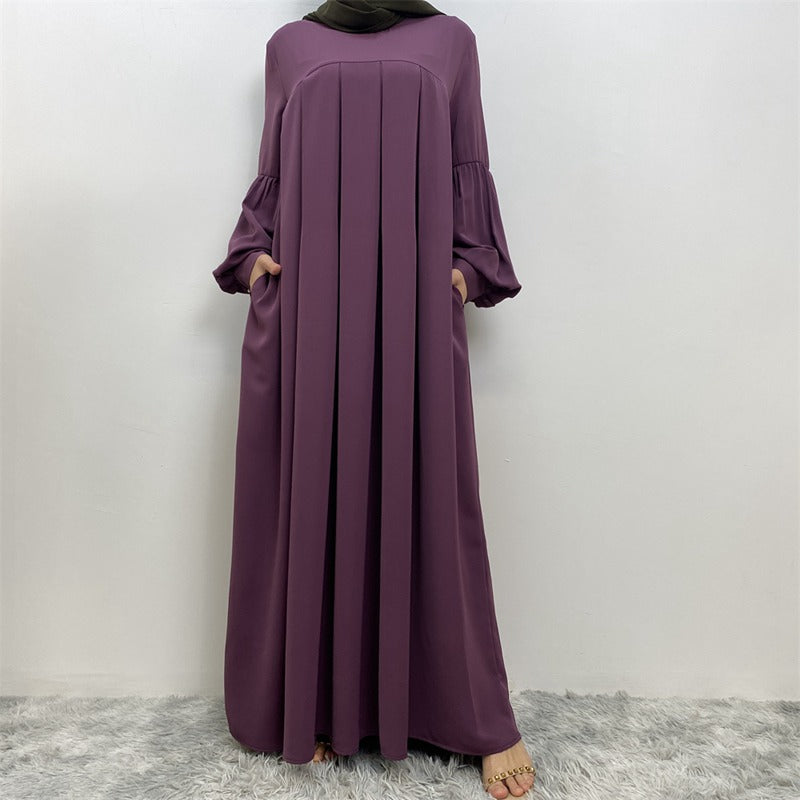 10 Color Options Puff Sleeve Muslim Women Abaya Dress With Pocket