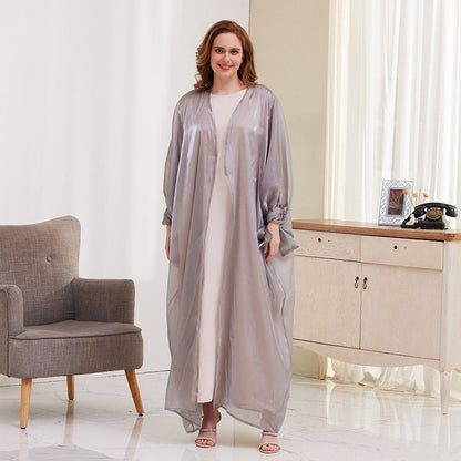 Muslim Women Bubble Sleeve Satin Long Abaya Cardigan Open Dress