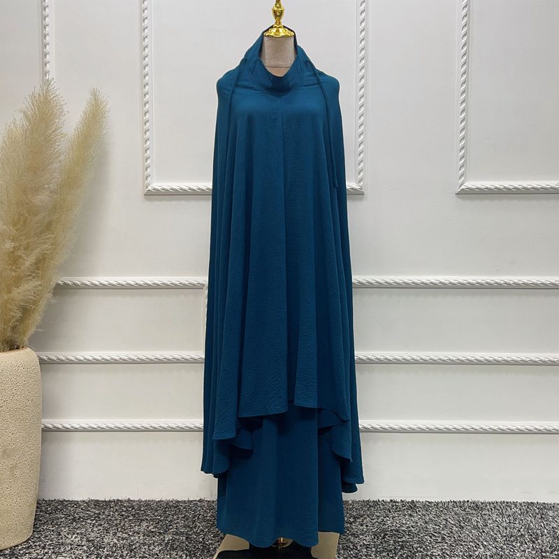 Ramadan Muslim Women 2 Pieces Set Satin Long Robe Jilbab With Skirt