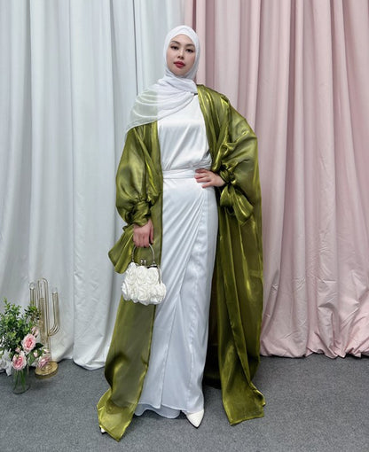 Puff Sleeve Satin Elegant Long Abaya Cardigan Open Dress Muslim Women