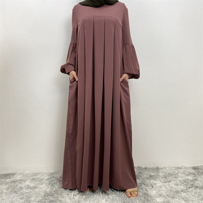 10 Color Options Puff Sleeve Muslim Women Abaya Dress With Pocket