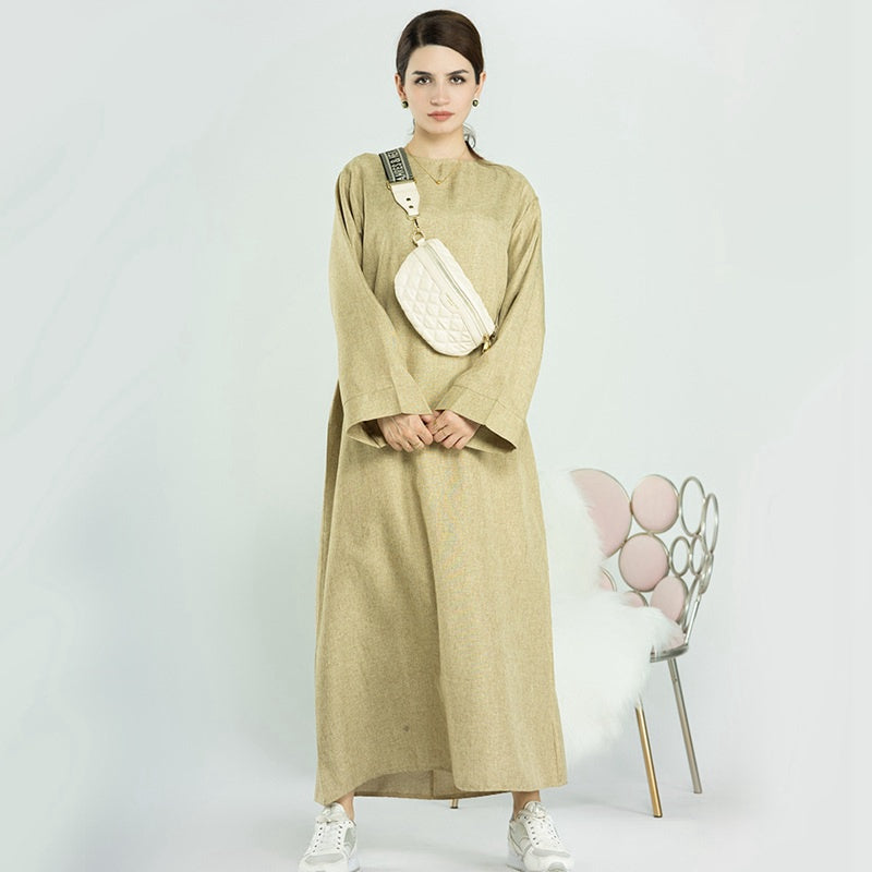 Turkish Dubai Muslim Women Cotton Blended Open Abaya Dress
