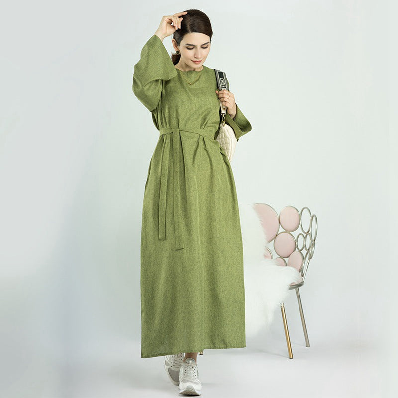 Turkish Dubai Muslim Women Cotton Blended Open Abaya Dress